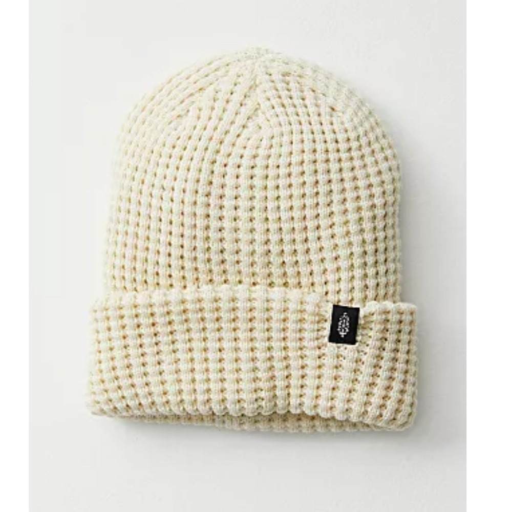 FP Movement Free People Women's Waffle Knit Cuffed Logo Cream Beanie Hat OS Cozy
